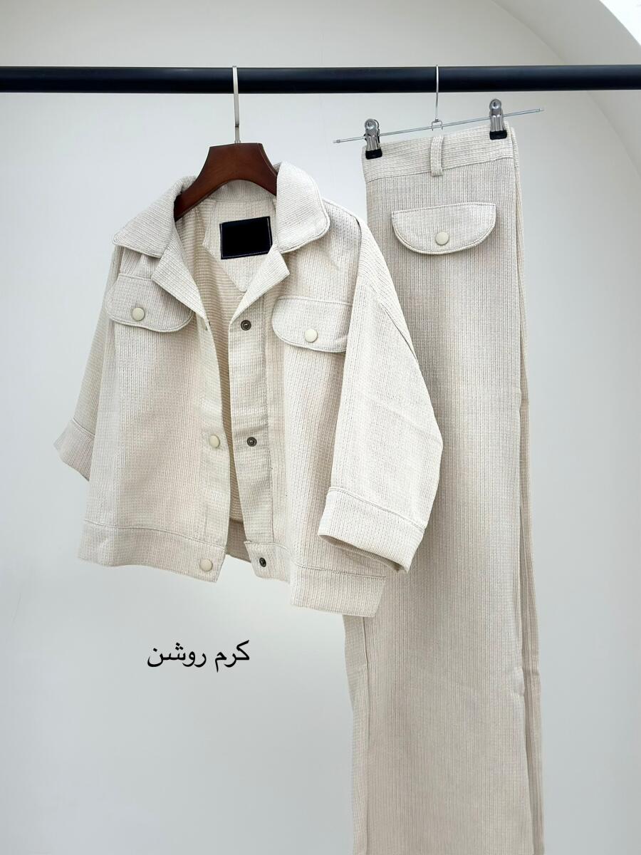 ست2تیکه کت دکمه پانچی و شلوار لینن طرح حصیری 6-bt621