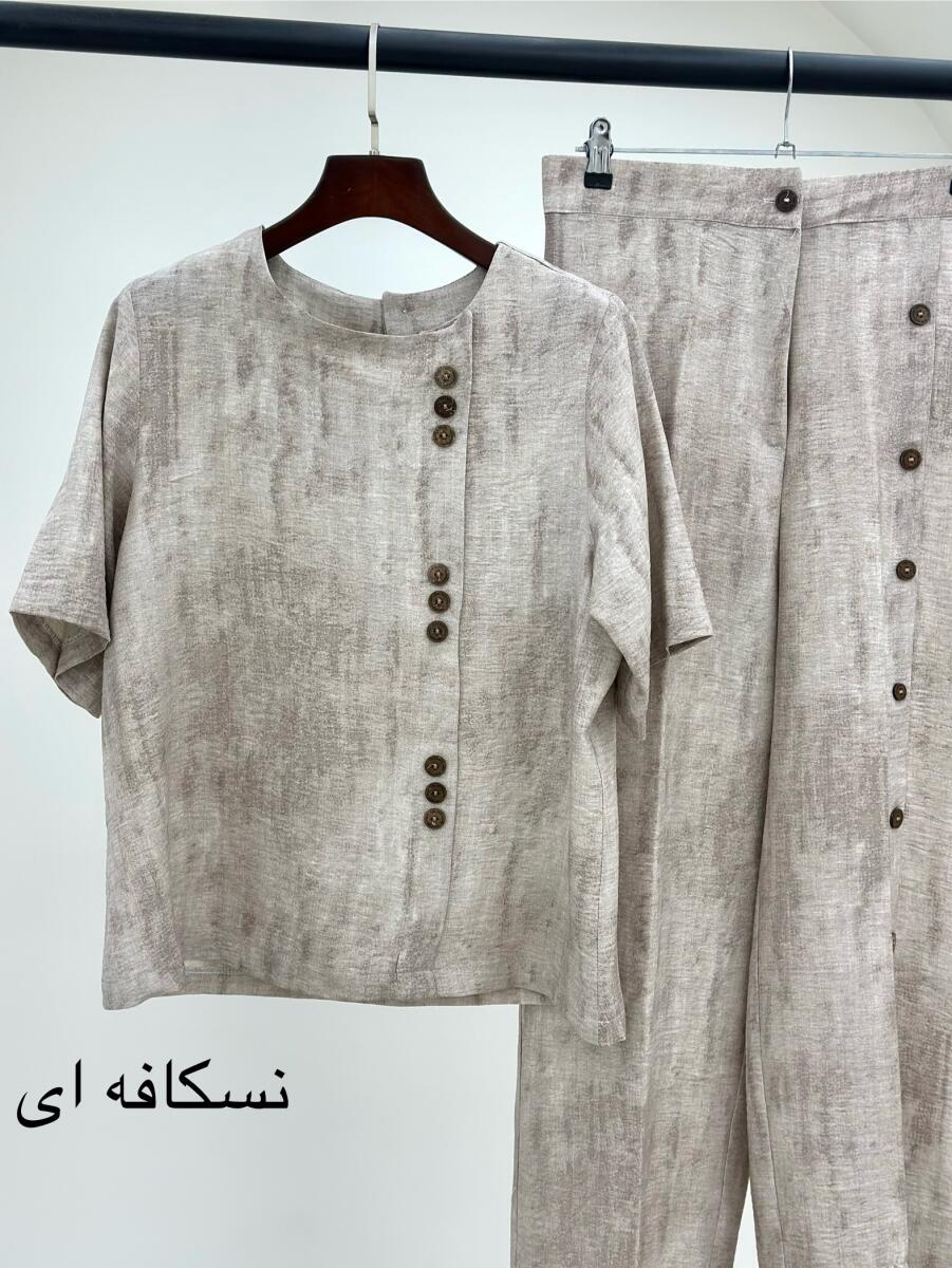 ست2تیکه شومیز ابروبادی دکمه چوبی و شلوار دمپا چاکدار bt848-13