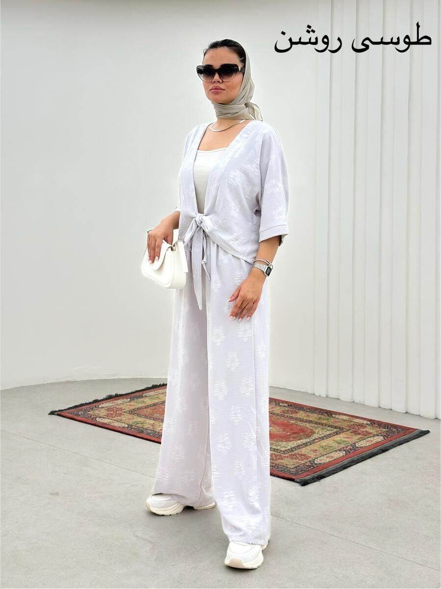 ست2تیکه شومیز گره ای و شلوار طرح گل bt878-3