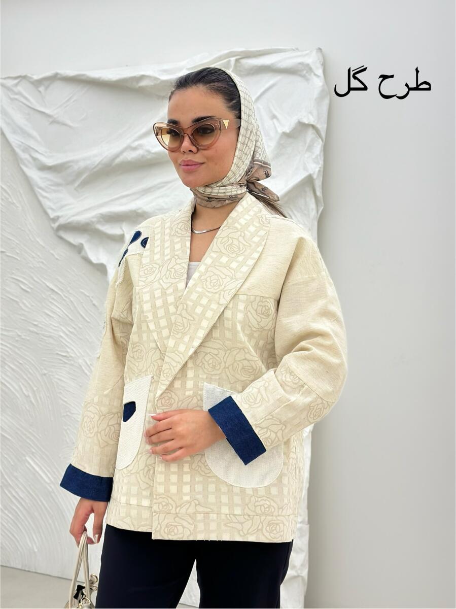 مانتو لینن پارچه طرح گل یقه آرشال خرجکار جین bt880-4