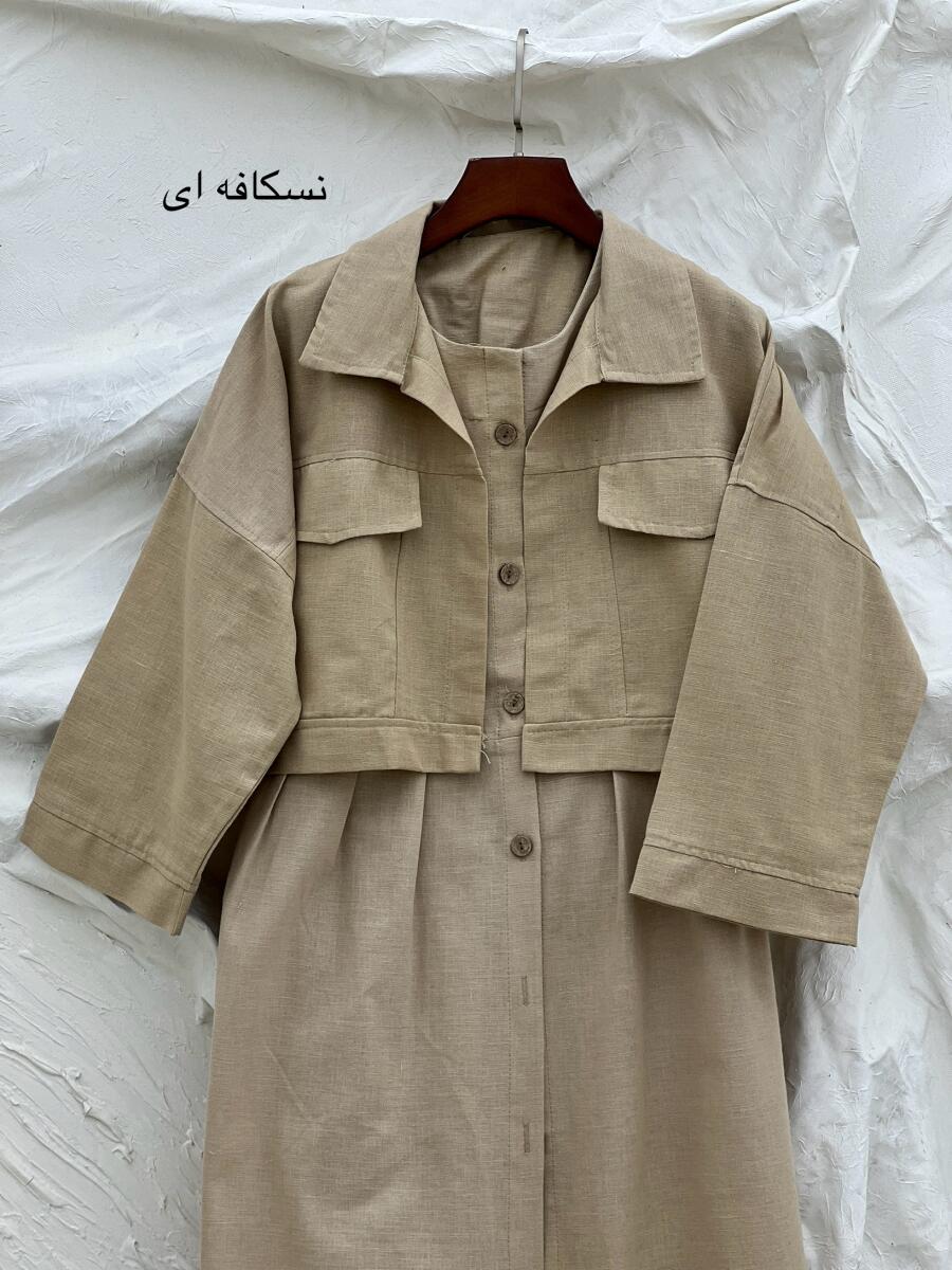 ست 2تیکه پیراهن کمر پلیسه دار دکمه چوبی و کت لینن bt908-2