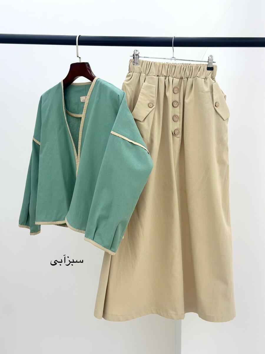 ست 2تیکه کت نواردوزی شده و دامن لینن دکمه چوبی bt949-10