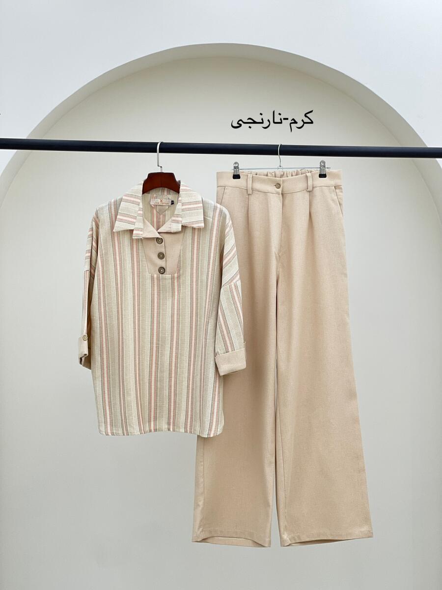 ست2تیکه شومیز جلوبسته طرح 3دکمه و شلوار لینن bt986-5