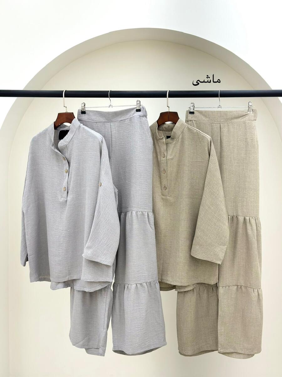 ست 2تیکه شومیز دکمه چوبی و شلوار طرح پلیسه ای bt1036-12