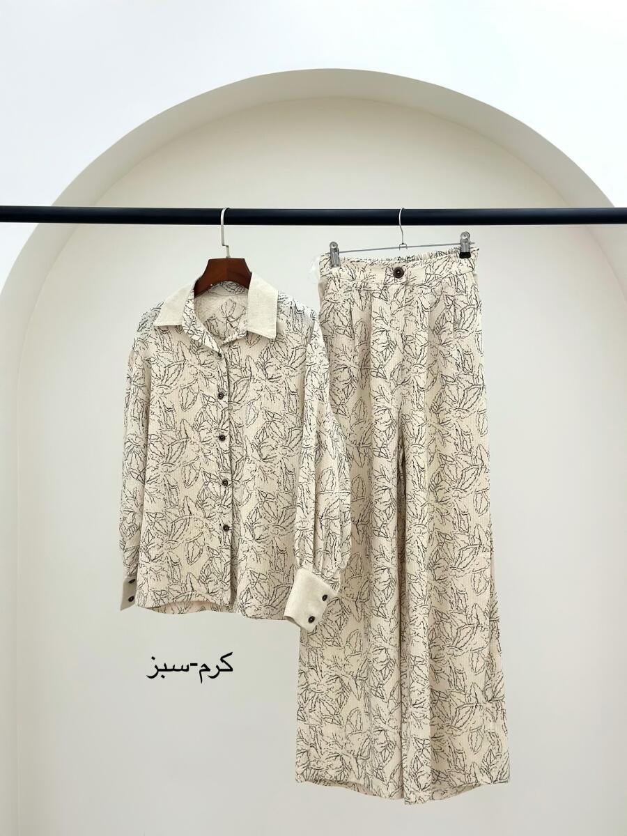 ست  2تیکه شومیز دکمه دار و شلوار لینن طرح گل bt1072-3