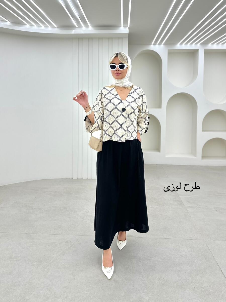 ست2تیکه شومیز خامه دوزی شده آستین پاگون دار و دامن لینن bt1088-11