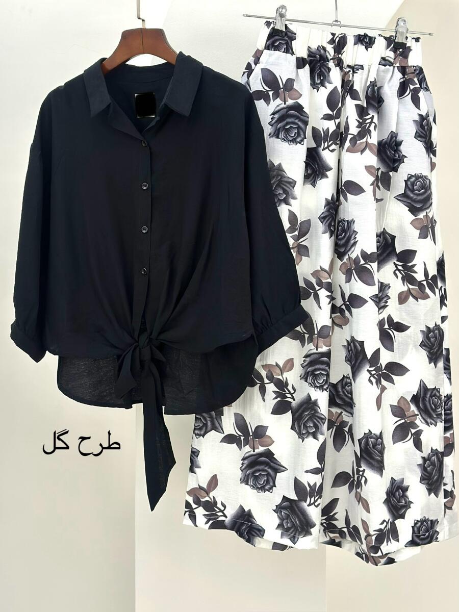 ست2تیکه شومیز کمر گره ای و شلوار طرح دار bt1102-6