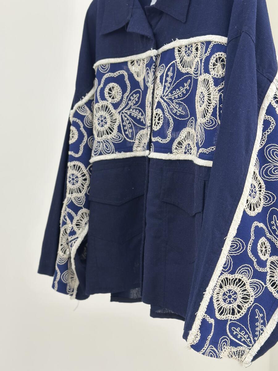 شومیز لینن مکرومه دوزی شده جیب دار Bt1127-11
