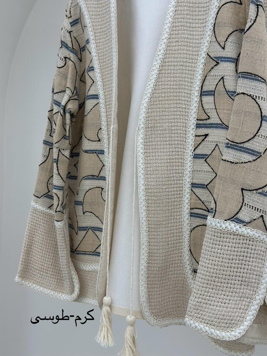 مانتو لینن خرج کار مکرومه ای منگوله دار bt1347-3