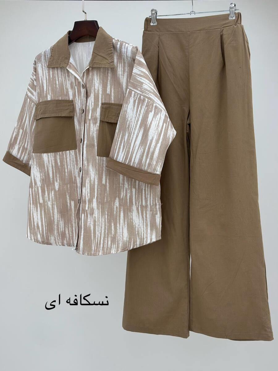 ست 2تیکه شومیز طرح ابرنگی 2جیب پاکتی آستین دوبل و شلوار bt1459-2