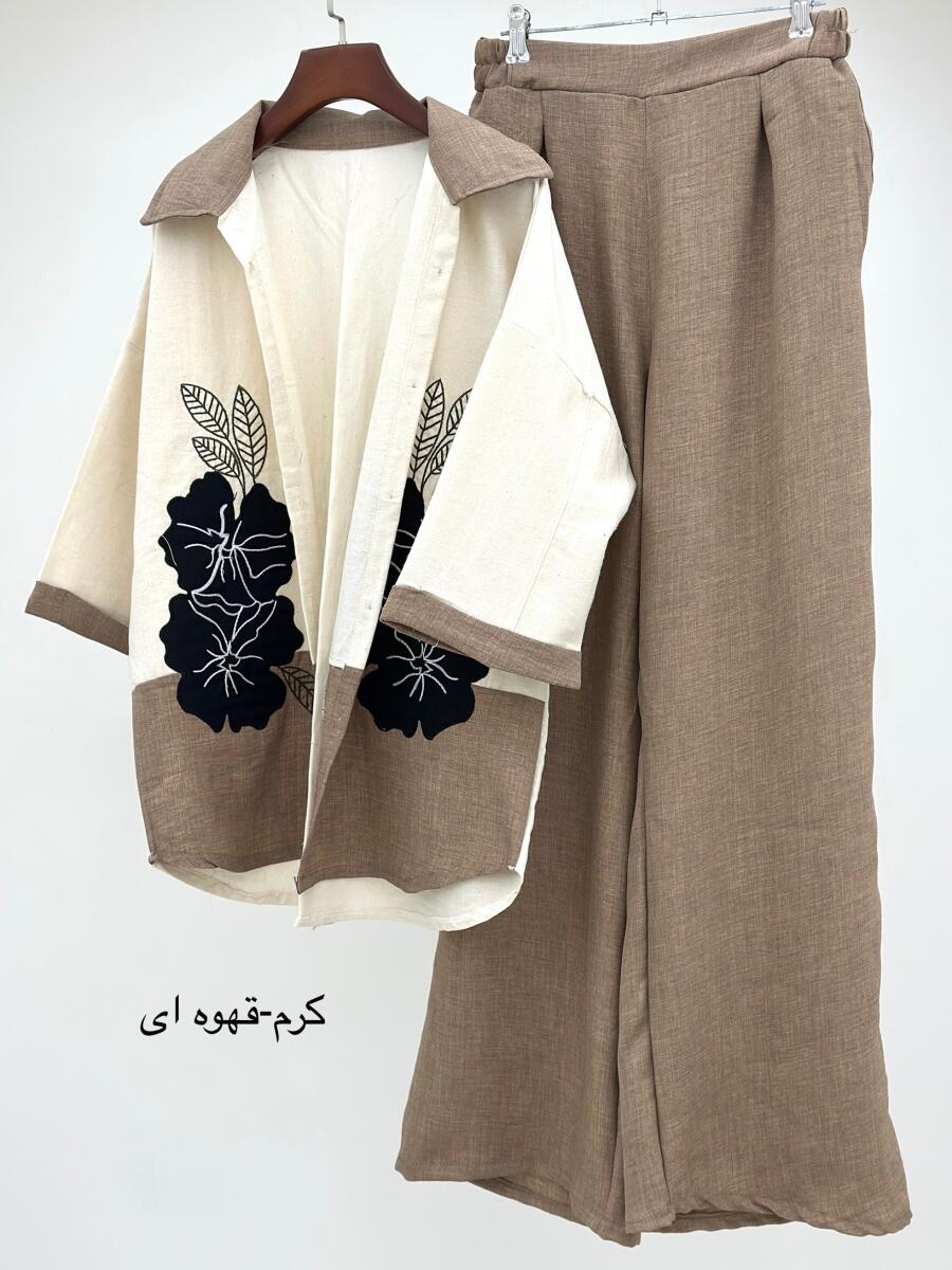 ست 2تیکه مانتو لینن اپلیکه دوزی شده طرح گل و شلوار bt1453-6