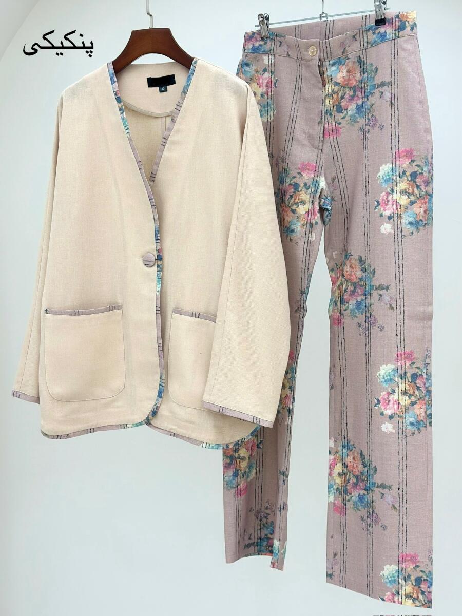 ست 2 تیکه کت تک دکمه لینن و شلوار طرحدار bt1508-4