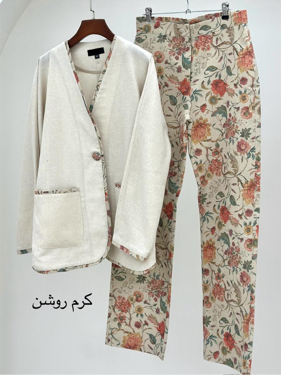 ست 2 تیکه کت تک دکمه لینن و شلوار طرحدار bt1508-4