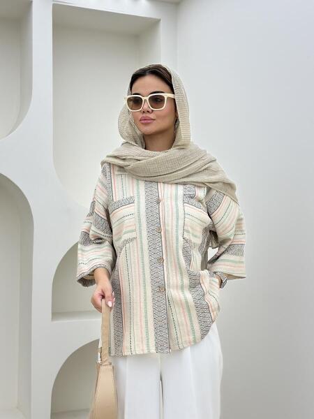 شومیز لینن دکمه چوبی طرح دارbt1558-9