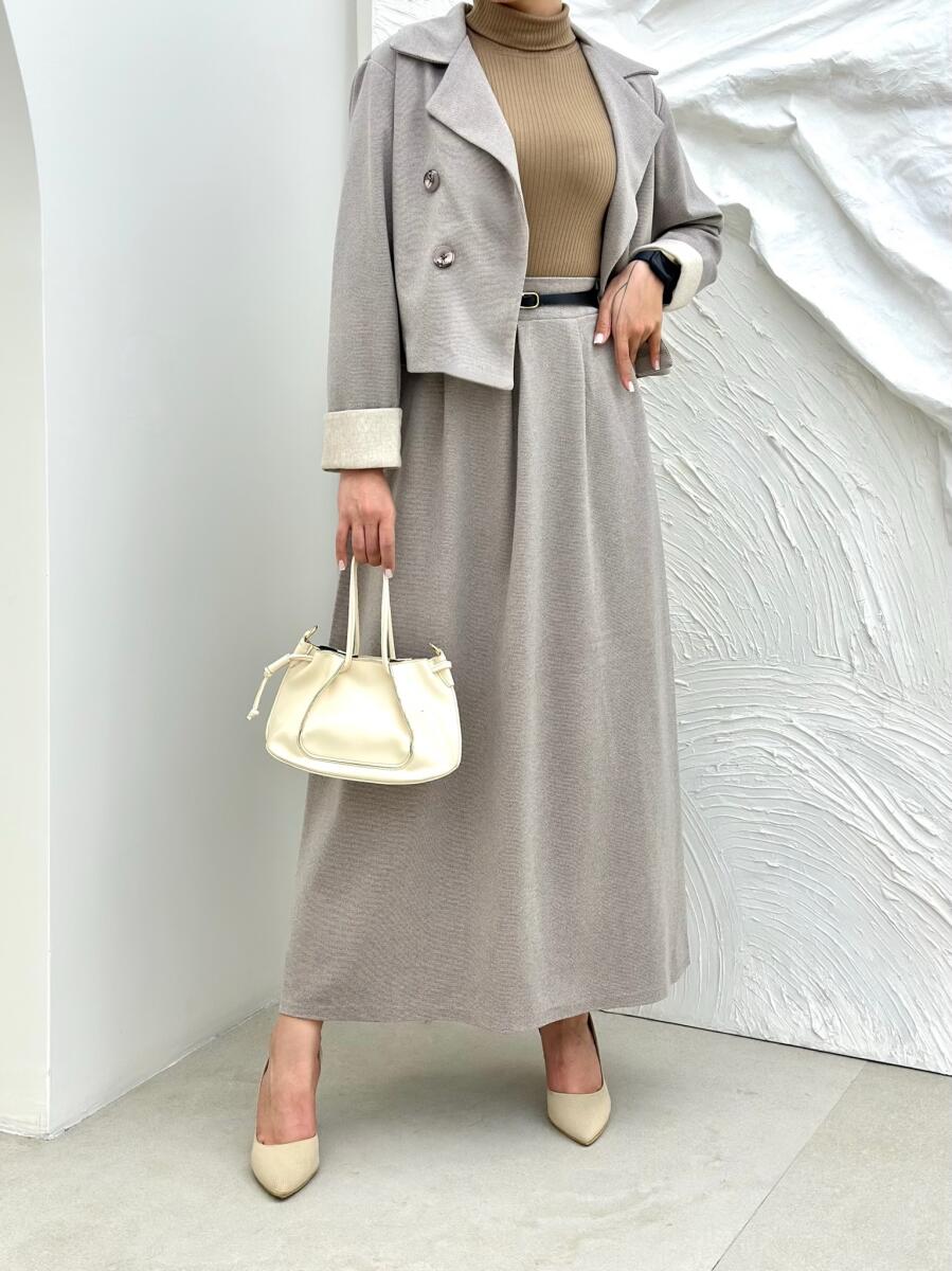 ست 2تیکه کت آستردار و دامن موهر پاییزه کمربنددار pd653-3