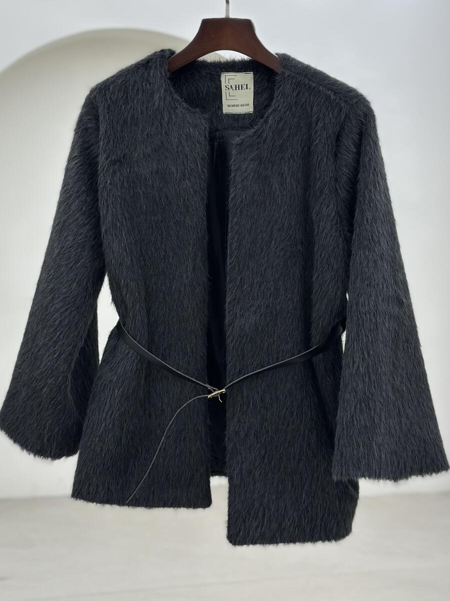 پالتو پوست basic کتی آستردار به همراه کمربند pd647-14