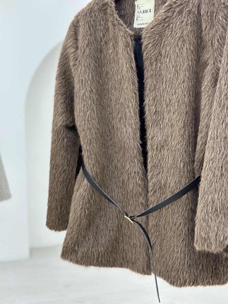 پالتو پوست basic کتی آستردار به همراه کمربند pd647-14