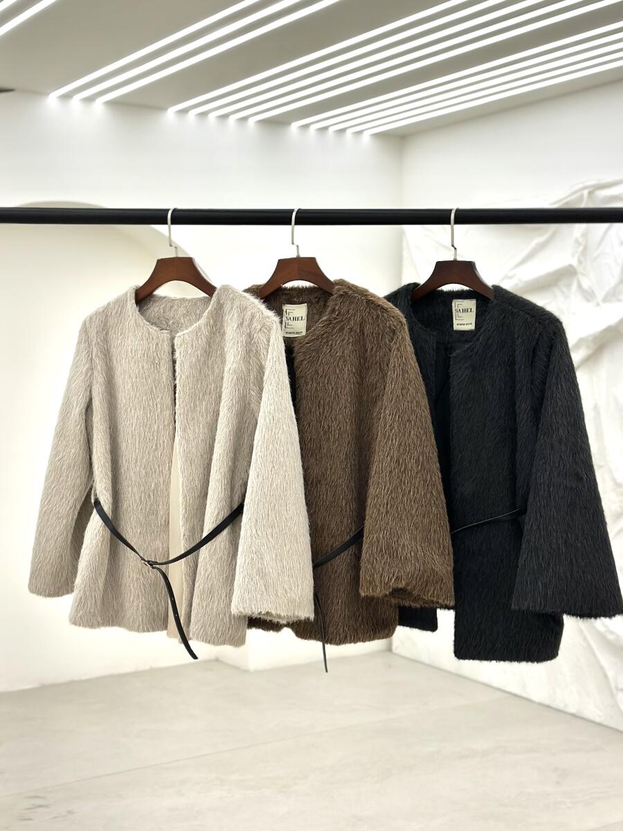 پالتو پوست basic کتی آستردار به همراه کمربند pd647-14