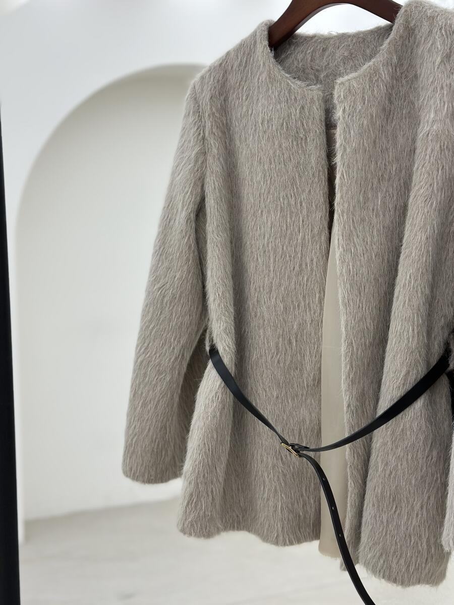 پالتو پوست basic کتی آستردار به همراه کمربند pd647-14