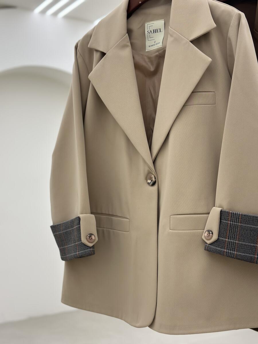 کت کتان آستین طرح چهارخونه آستردار pd673-10