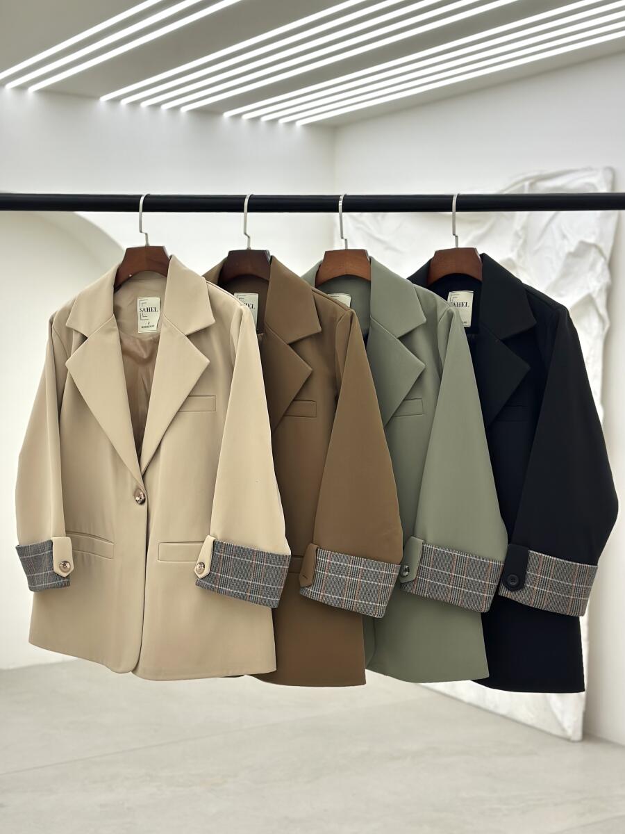 کت کتان آستین طرح چهارخونه آستردار pd673-10