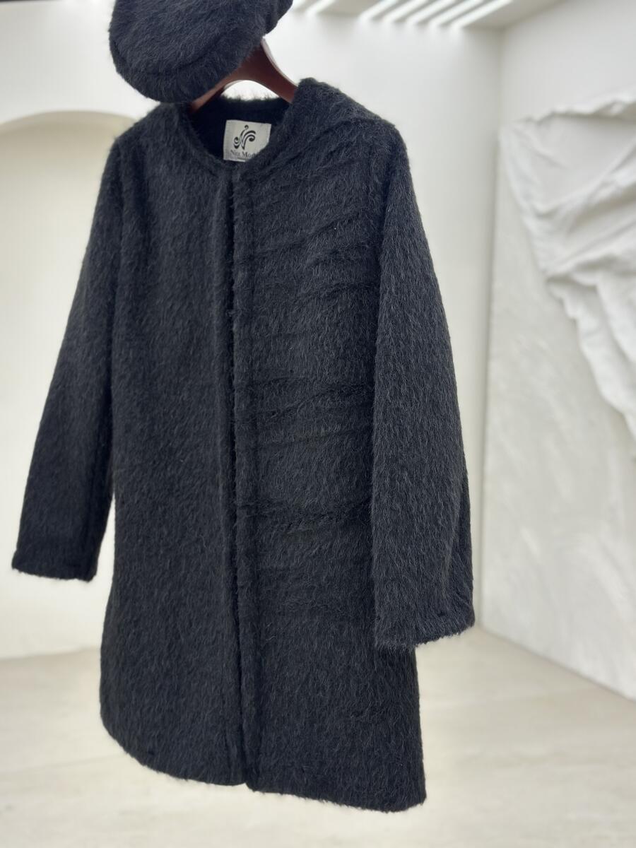 پالتو پوست میدی آستردار به همراه کلاه pd668-3