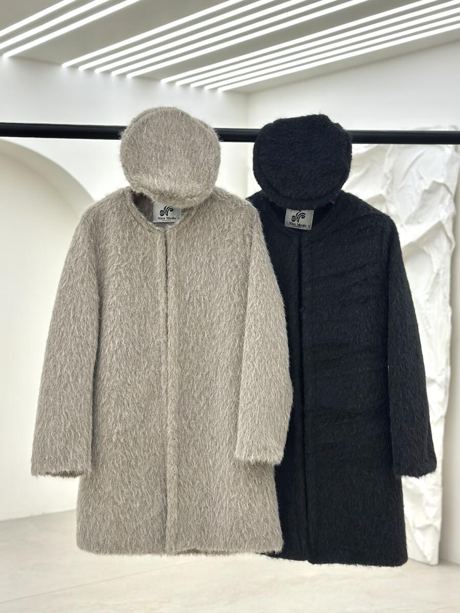 پالتو پوست میدی آستردار به همراه کلاه pd668-3