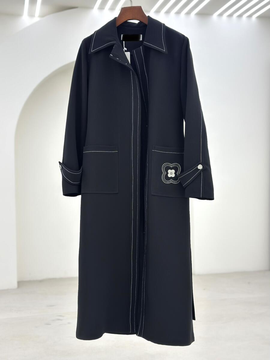 مانتو بهاره جیب گلدوزی شده آستین پاگون دار کمربنددار bd28-9