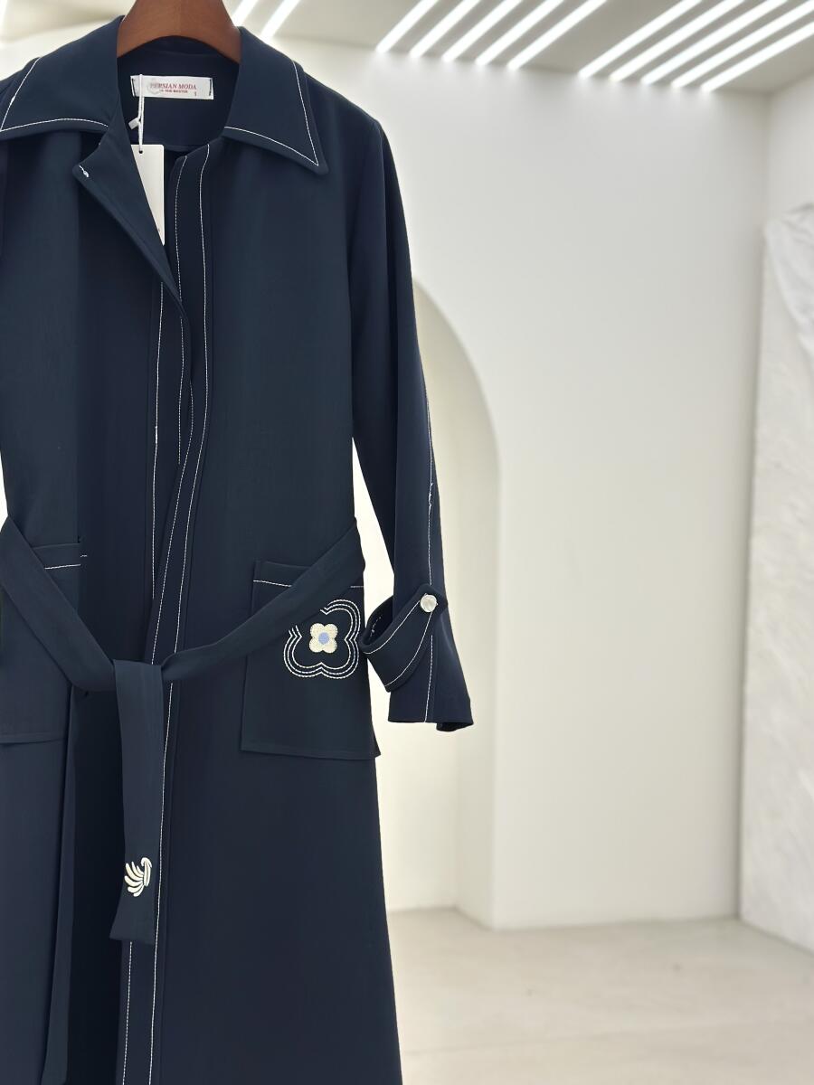 مانتو بهاره جیب گلدوزی شده آستین پاگون دار کمربنددار bd28-9