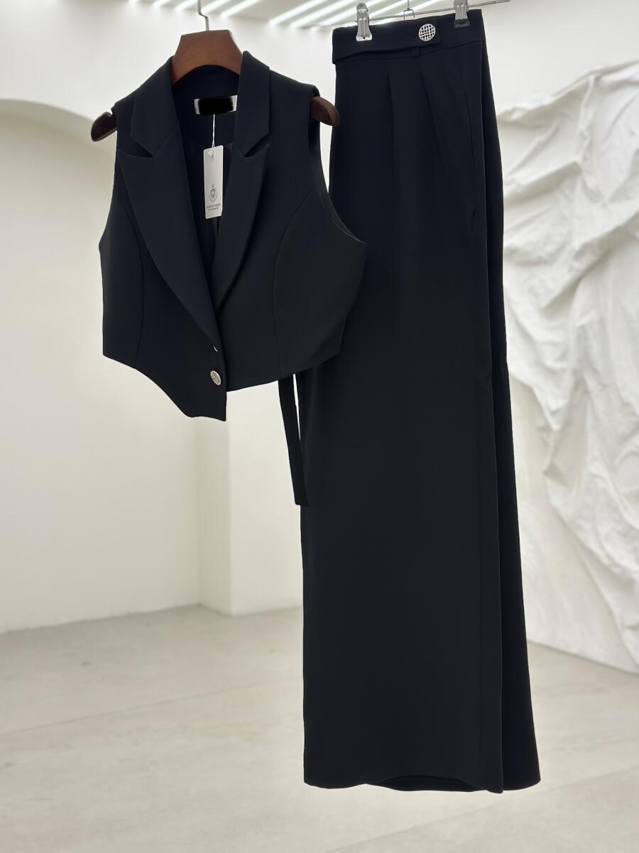 ست 2تیکه وست آستردار وشلوار بگ مزونی کرپ مازراتی bd27-14