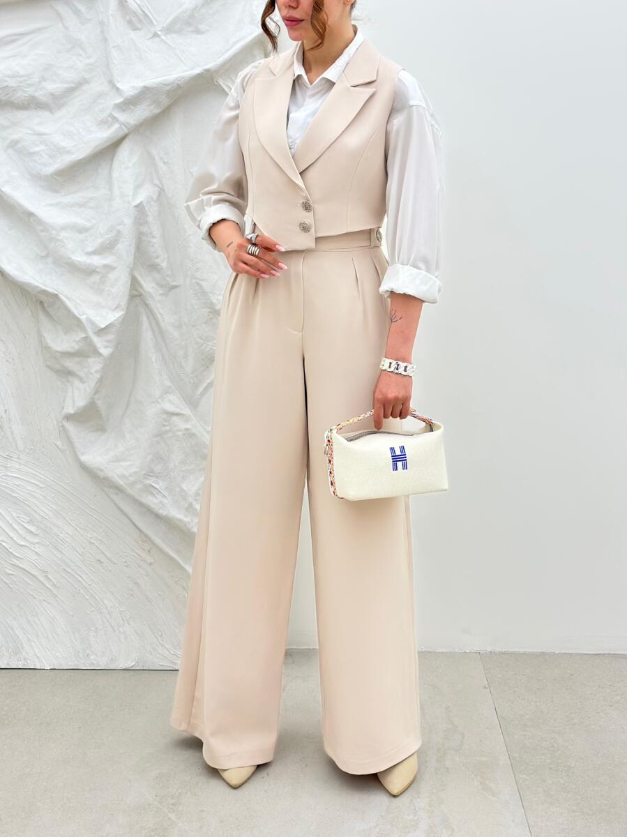 ست 2تیکه وست آستردار وشلوار بگ مزونی کرپ مازراتی bd27-14