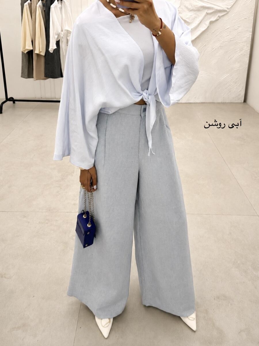 ست 2تیکه شومیز گره ای و شلوار بگ لینن کنفی bd293-7