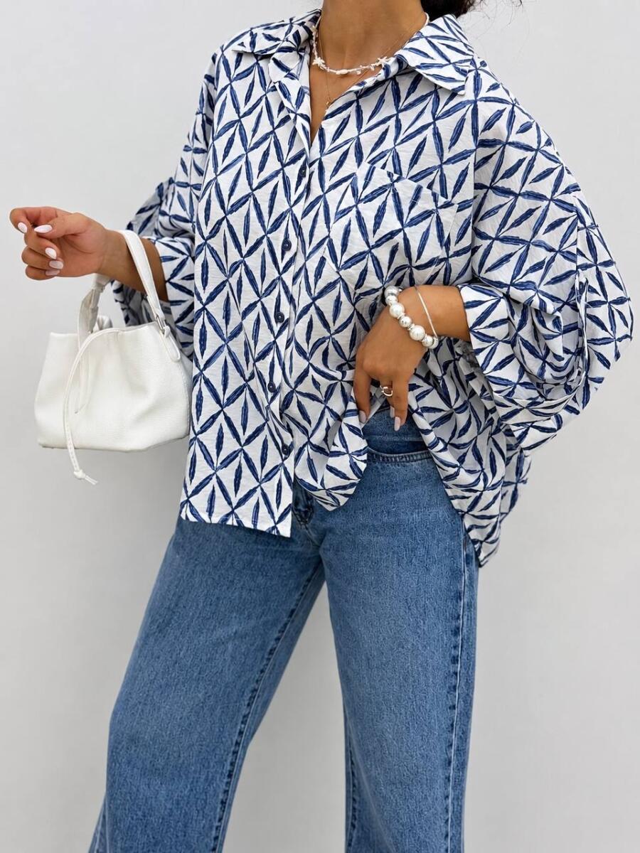 شومیز طرح دار آستین پاگون دار bd316-4