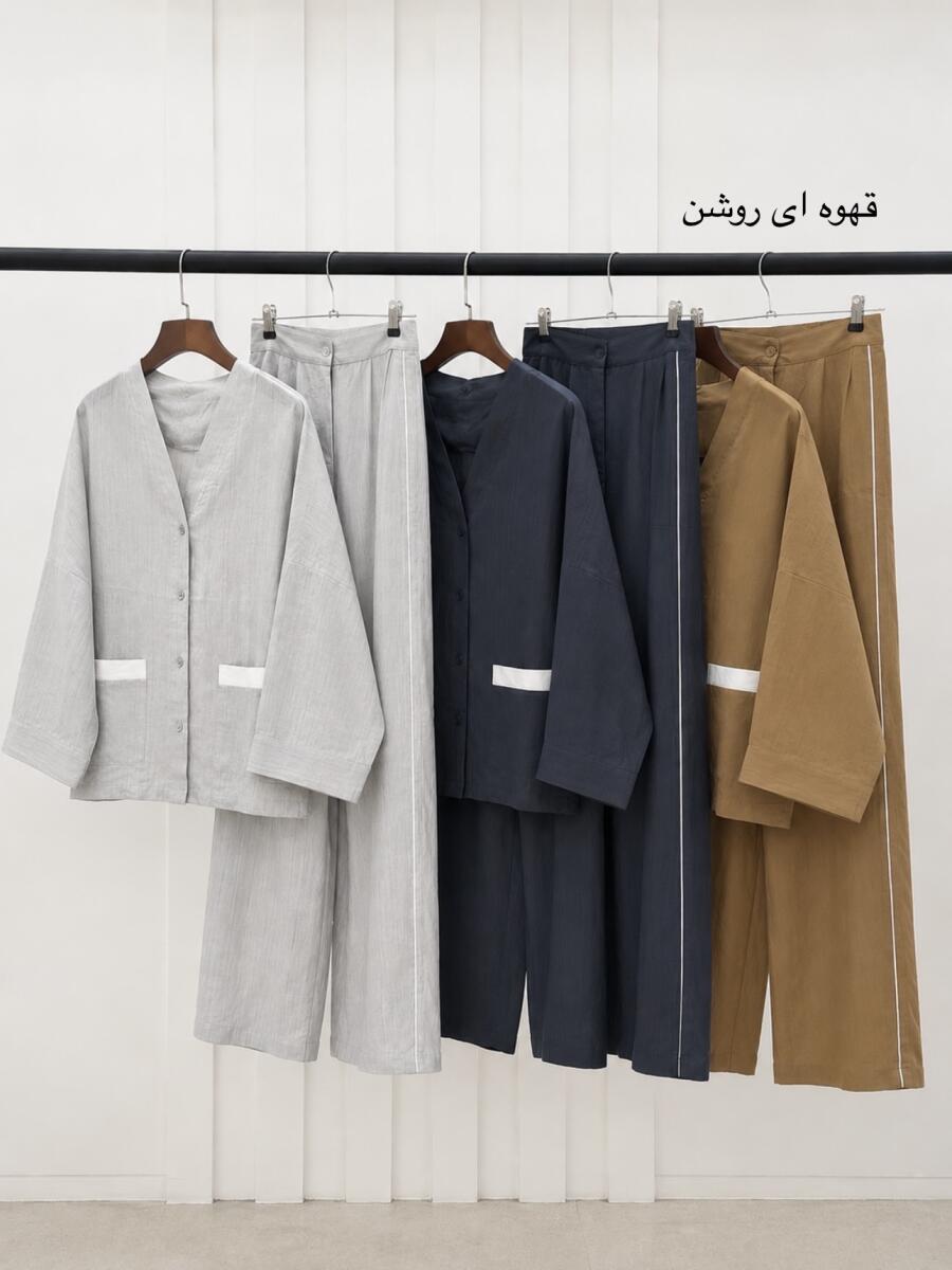 ست 2 تیکه شومیز یقه هفت جیب دار و شلوار مغزی دوزی شده تابستانه bd391-1