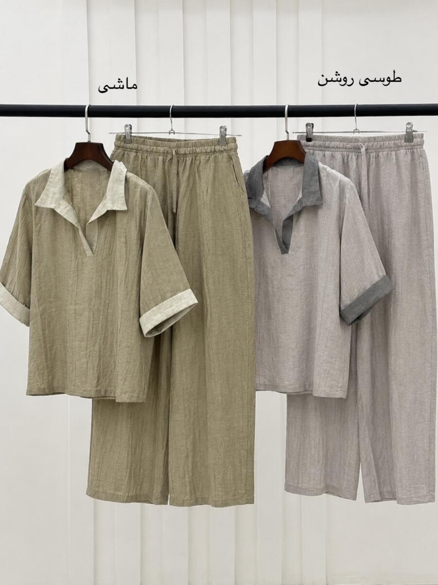 ست 2تیکه شومیز جلوبسته یقه دار و شلوار لینن پارچه طرح گازوییلی bd393-6