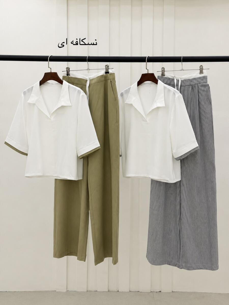 ست 2تیکه شومیز جلوبسته و شلوار بگ طرح راه راه bd548-4
