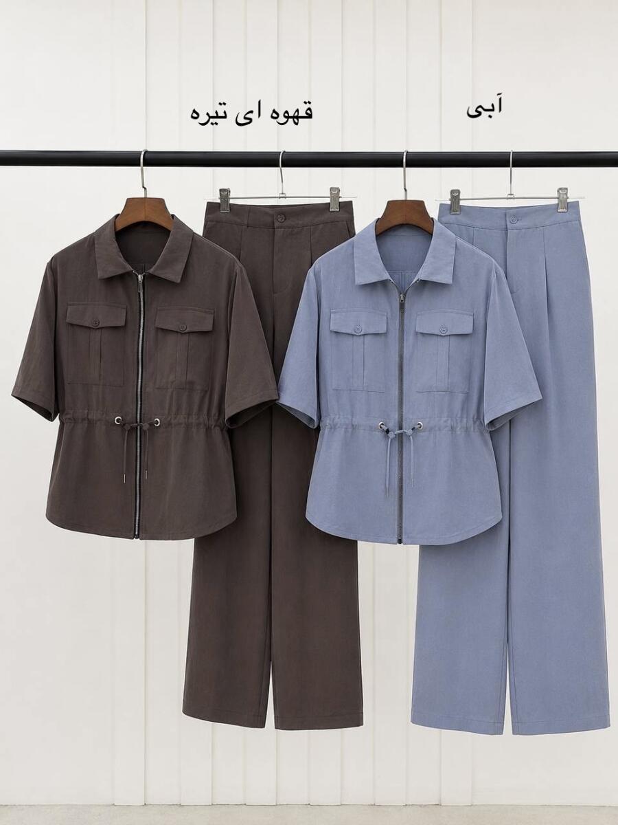ست 2 تیکه بامبر کمرگترطرح سافاری و شلوار پری تابستانه bd585-13