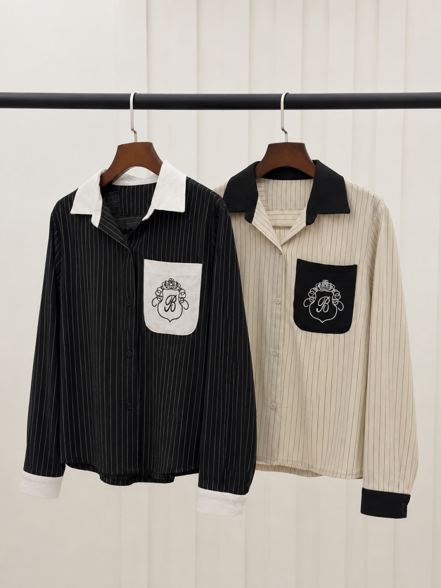 شومیز لینن راه راه جیب گلدوزی شده bd663-14